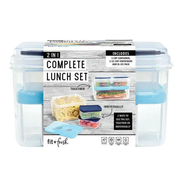 Alt view image 2 of 2 - Fit & Fresh Entree Set with Ice Pack, 3 Reusable Portion Control Containers, BPA-Free, Microwave/Dishwasher Safe Lunch Box, Entrée, Blue