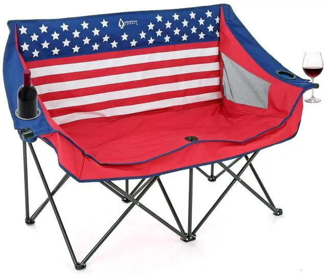 Alt view image 8 of 8 - ARROWHEAD OUTDOOR Portable Folding Double Duo Camping Chair Loveseat w/ 2 Cup & Wine Glass Holder, Heavy-Duty Carrying Bag, Padded Seats & Armrests, Supports up to 500lbs, American Flag, USA-Support
