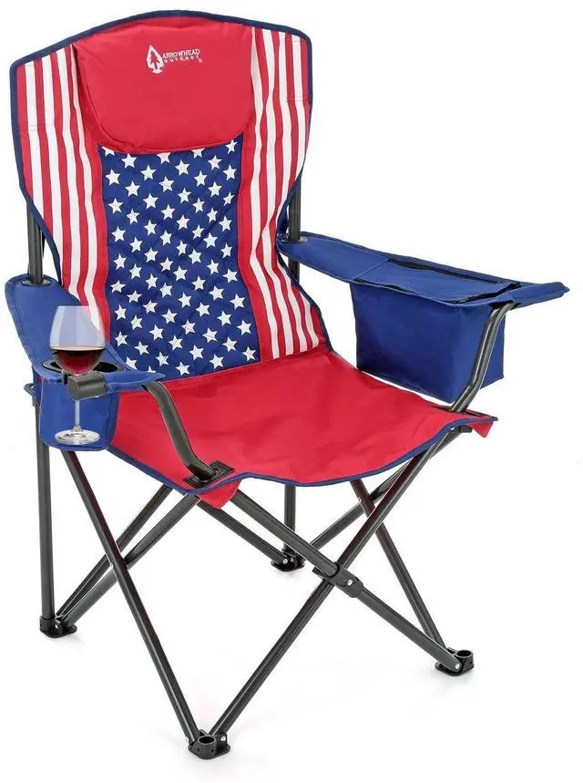 Alt view image 8 of 8 - ARROWHEAD OUTDOOR Portable Folding Camping Quad Chair w/ 6-Can Cooler, Cup & Wine Glass Holders, Heavy-Duty Carrying Bag, Padded Armrests, Headrest & Seat, Supports up to 450lbs, American Flag
