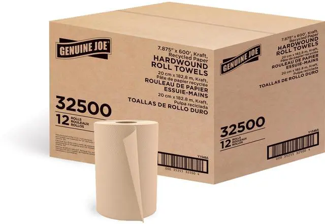 Alt view image 3 of 3 - Genuine Joe Embossed Hardwound Roll Towels, 2" Core, 1-Ply, 7.88" x 600', Kraft, 12 Count