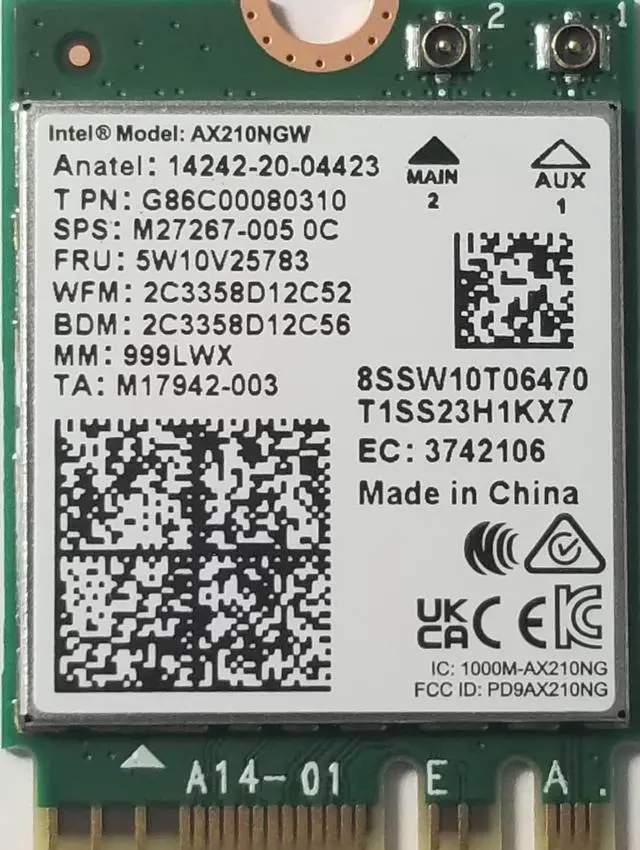 Alt view image 2 of 2 - Intel NT AX210.NGWGII.NV Wi-Fi 6E AX210 (Gig+) 2230 2x2 AX R2 (6GHz)+BT NovPro