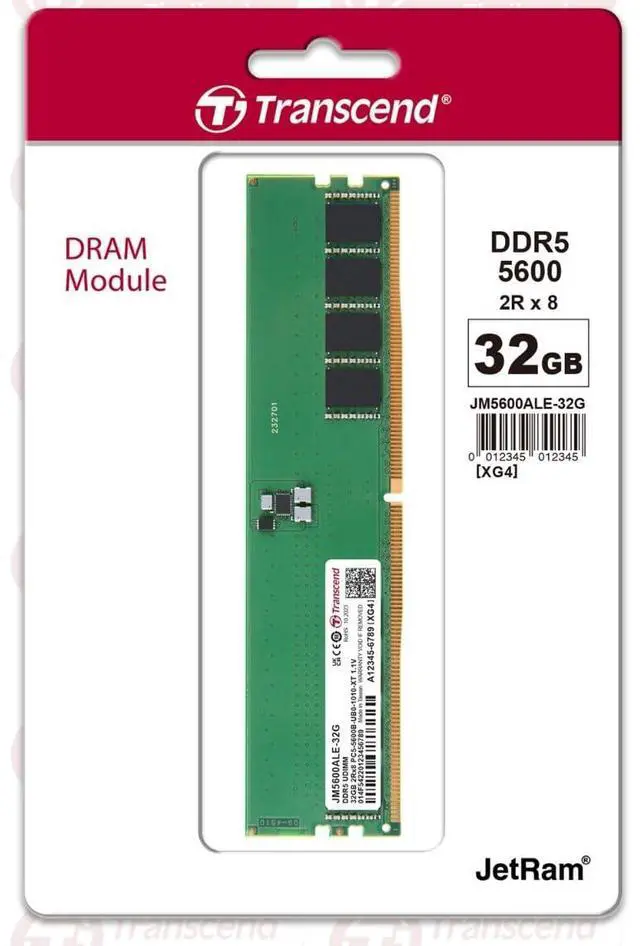 Alt view image 3 of 3 - Transcend JetRAM 32GB DDR5 SDRAM Memory Module - For Desktop PC, Computer - 32 GB - DDR5-5600/PC5-44800 DDR5 SDRAM - 5600 MHz Dual-rank Memory - CL46 - 1.10 V - On-die ECC - Unbuffered - 288-pin - DIM