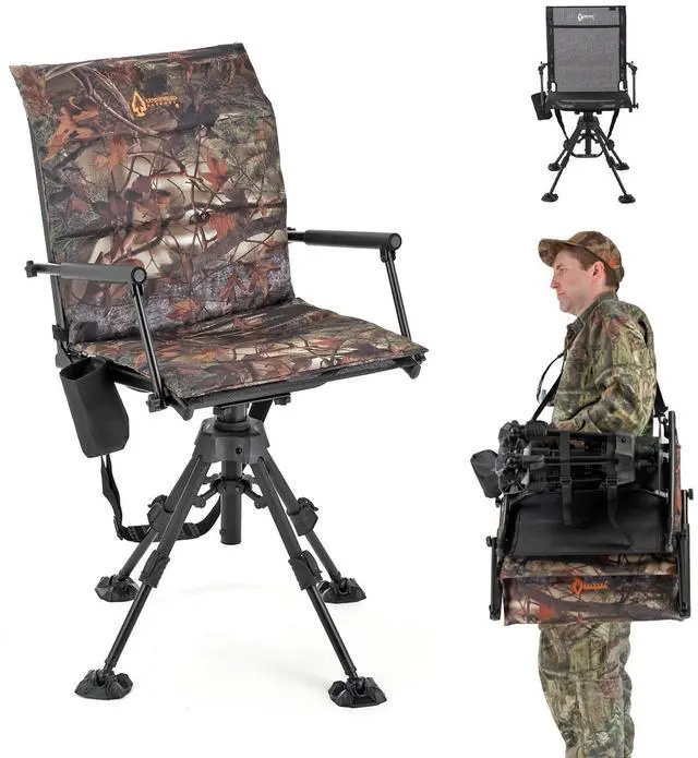 Alt view image 2 of 2 - ARROWHEAD OUTDOOR Wide Folding 360° Hunting Swivel Blind Chair with Removable Camouflage Seat Pad, Armrest, No-Sink Feet, Shoulder Strap, Mesh Chair, Adjustable Height