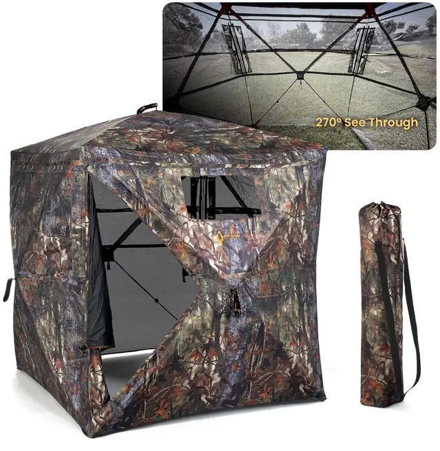 Alt view image 2 of 2 - ARROWHEAD OUTDOOR 270° Vision 4.8x4.8 Ft Pop-up 2-3 Person See-Through Hunting Stealth Deer Blind Shelter w/Magnetic Door, Sliding Windows and Backpack Carry Bag, Noise-Free Camouflage Design