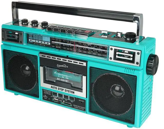 Alt view image 5 of 5 - Supersonic SC3201BTRQ Retro 4-Band Radio and Cassette Player with Bluetooth - Teal