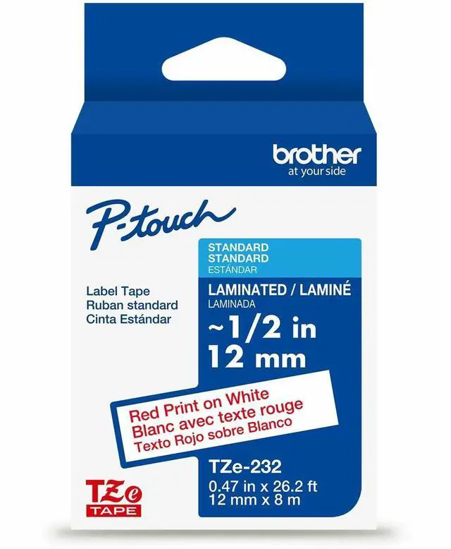Alt view image 8 of 8 - Brother Genuine P-Touch TZe Red Print on White Label Tape (TZe232), Laminated,1/2in x 26.2ft (12mm x 8m)