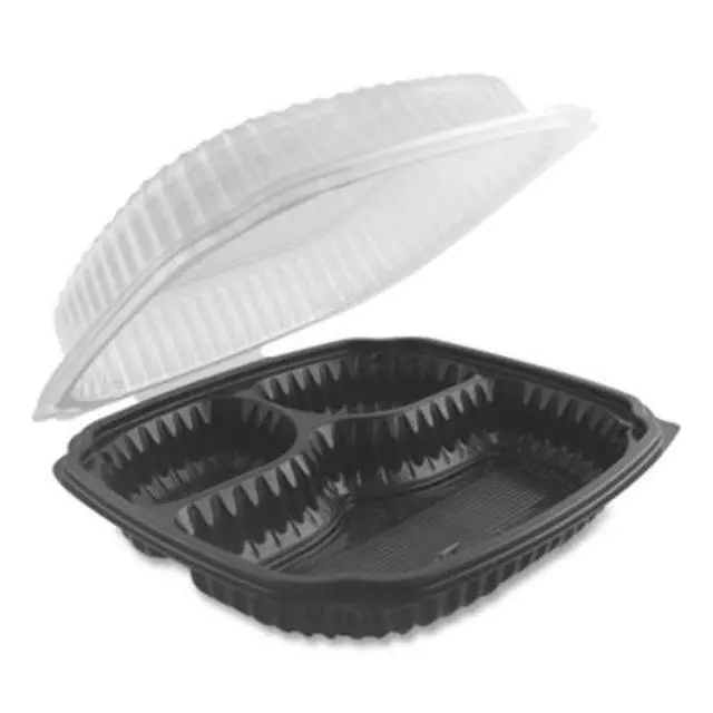 Alt view image 3 of 3 - Anchor Packaging cL9931 culinary Lites, 3-compartment, 9x9, Vented Hinged container, Black Bottom, clear Lid, 100case