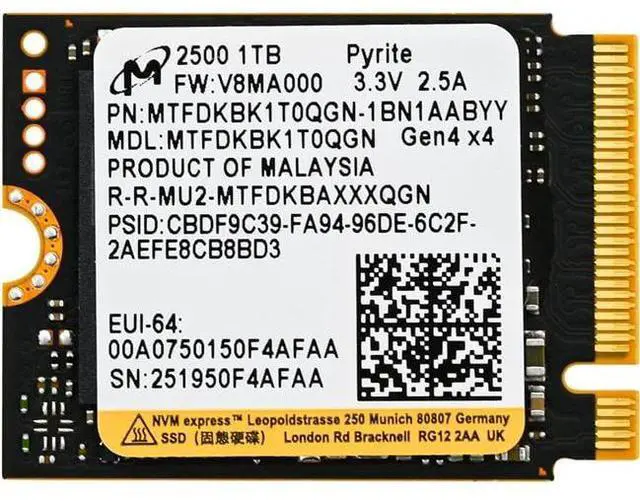 Alt view image 2 of 2 - Micron SSD 2500 PCIe Gen4 NVMe SSD QLC NAND 1TB M.2 2230 MTFDKBK1T0QGN-1BN1AABYYR