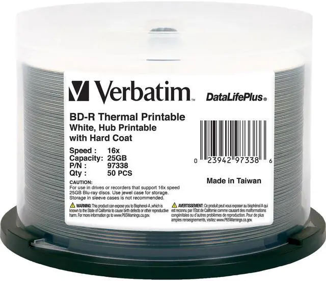 Main image of Verbatim BD-R 25GB 6X DataLifePlus White Thermal Printable, Hub Printable - 50pk Spindle (97338)