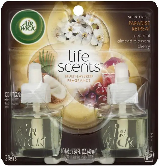 Main image of Airwick Scented Oil Warmer Refill - Oil - 0.67 Oz - Paradise Retreat, Coconut, Sweet Almond Blossom, Cherry - 45 Day - 2 / Pack - Wall Mountable, Long Lasting (91110)