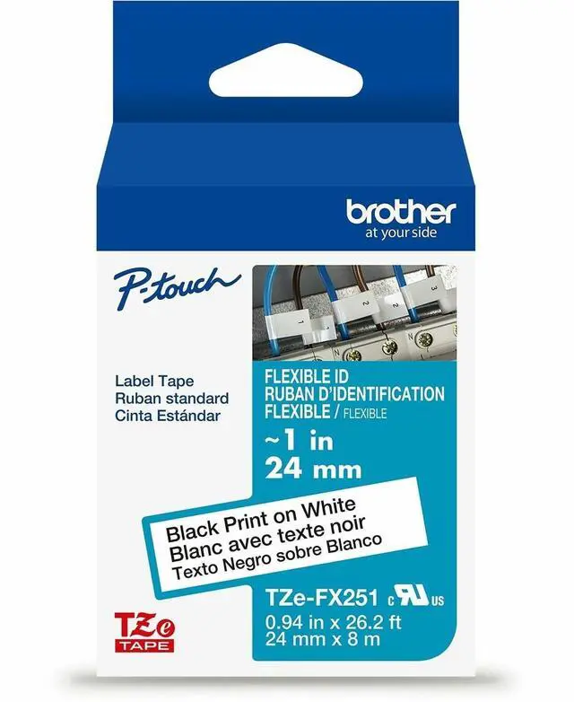 Alt view image 9 of 9 - Brother Genuine P-Touch TZe Black Print on Yellow Label Tape (TZeFX651), Flexible ID Laminated, ~1in x 26.2ft (24mm x 8m), for Select P-Touch Label Makers, Durable, Cable Wrap, Water-Resistant