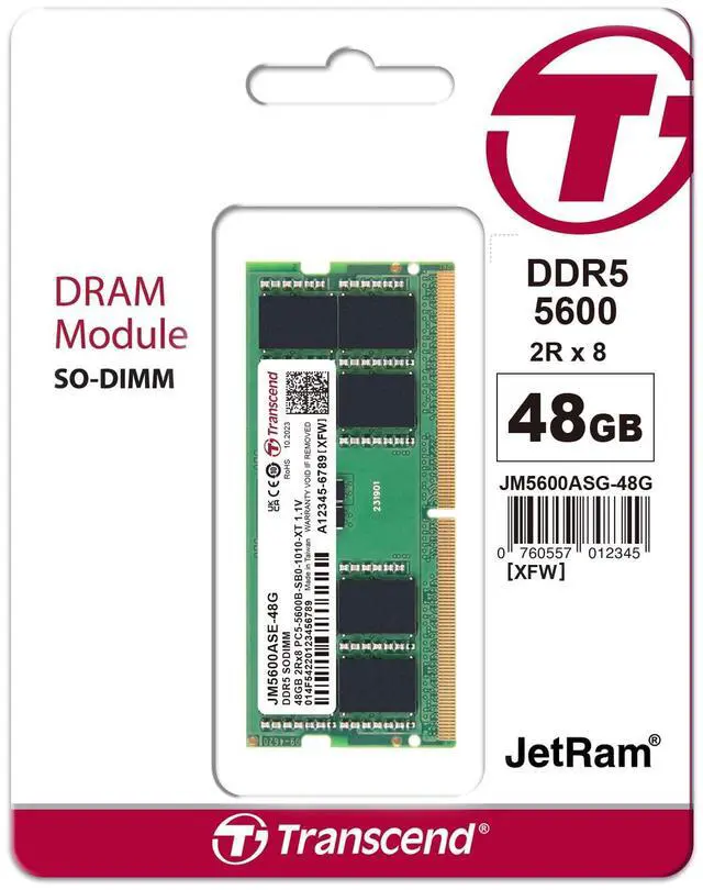 Alt view image 9 of 9 - Transcend 48GB DDR5 5600 SO-DIMM 2Rx8 1.1V, RAM, Notebook/Laptop Computer Memory - JM5600ASE-48G