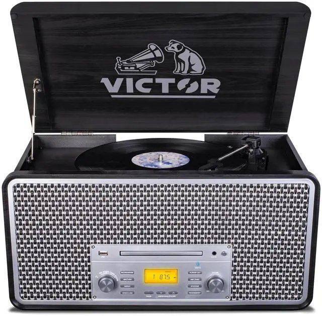 Alt view image 8 of 8 - Victor Monument 8-in-1 Wood Music Center with 3-Speed Turntable & Dual Bluetooth Gray