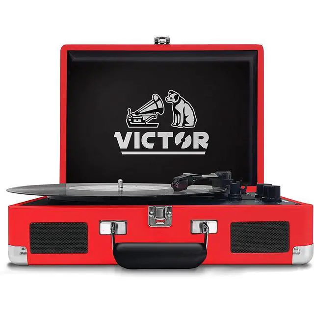 Alt view image 8 of 8 - Victor Metro Dual Bluetooth Suitcase 3-Speed Turntable - Red