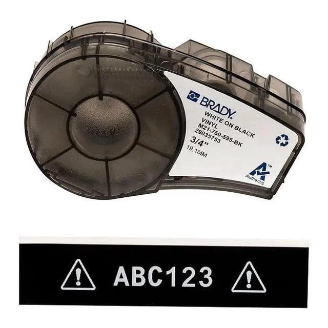 Alt view image 2 of 2 - brady m21750595bk cartridge, b595 vinyl indoor/outdoor material, 0.75" w x 21' l, white on black