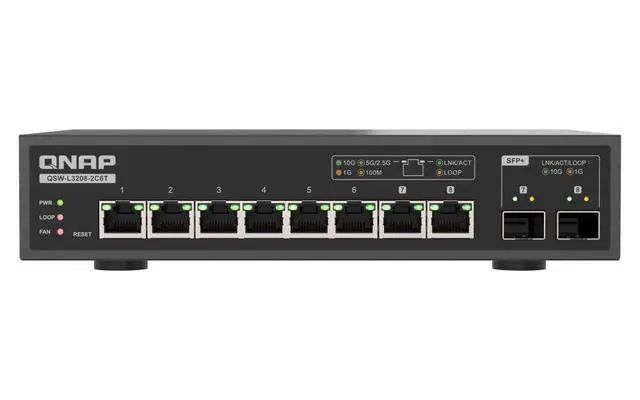 Alt view image 2 of 2 - QNAP QSW-L3208-2C6T Ethernet Switch - 8 Ports - 10 Gigabit Ethernet - 36 W Power Consumption - Twisted Pair, Optical Fiber
