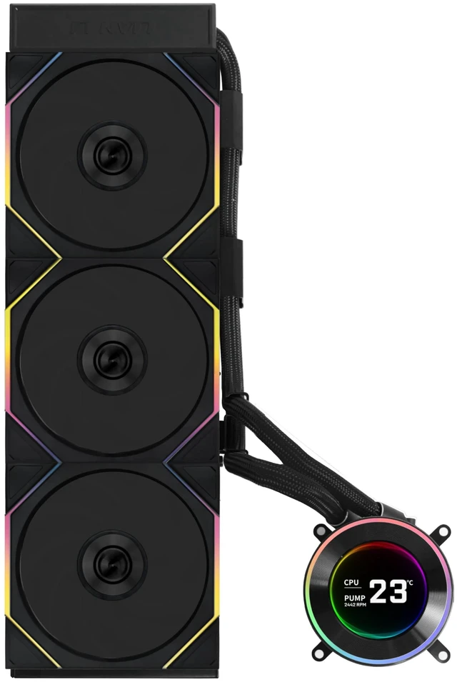 Main image of Lian Li Hydroshift II-C LCD 360TL Flex Liquid CPU Cooler | 360mm AIO | 2.1 IPS LCD Screen | Daisy-Chain | Low-Noise | Intel LGA 1851/1700, AMD AM5/AM4 | 3X TL Flex 120 RGB Fan- Black (HS2LCD36TFB)