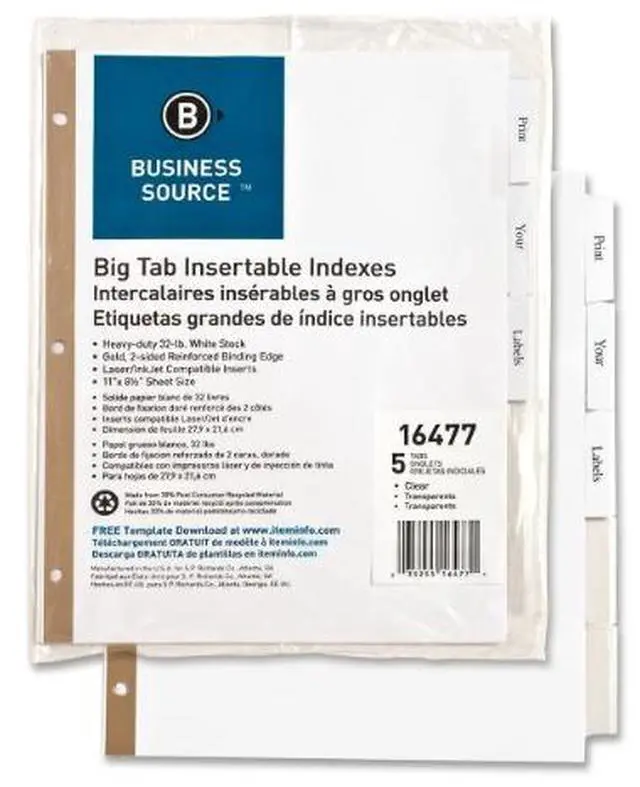 Main image of Business Source Index Dividers 5-Tab 11"x8-1/2" White Stock/Clear Tabs 16477