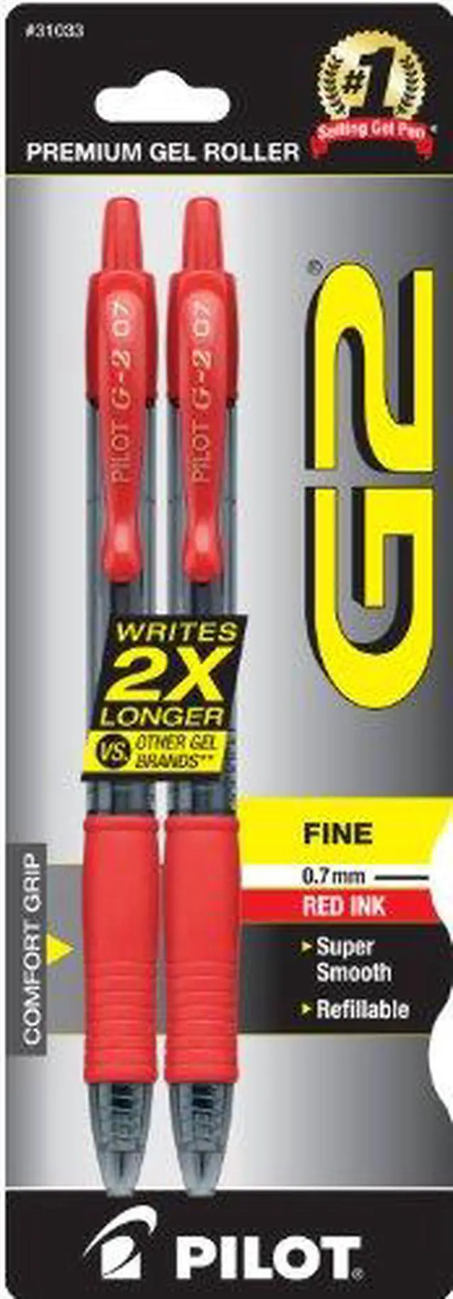 Alt view image 2 of 7 - Pilot G2 Rollerball Pen 31033, Fine Pen Point Type - 0.7 mm Pen Point Size - Point Pen Point Style - Refillable - Red Gel-based Ink - 2/Pack