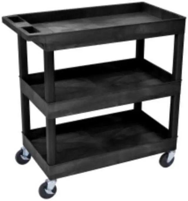 Alt view image 3 of 20 - Luxor Mobile Home Office Kitchen Service Push Handle High Capacity 18"D x 32"W Tub Utility Storage Cart 3 Shelves Black