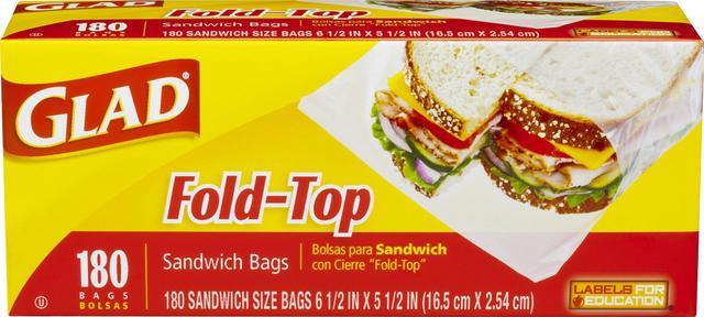 Glad 60771 Fold-Top Sandwich Bags, 6 1/2 x 5 1/2, Clear, 180/Box, 12  Boxes/Carton, 1 Carton 