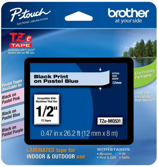 Alt view image 2 of 13 - Brother TZEMQ531 Tz Standard Adhesive Laminated Labeling Tape, 1/2 Inch W, Pastel Blue