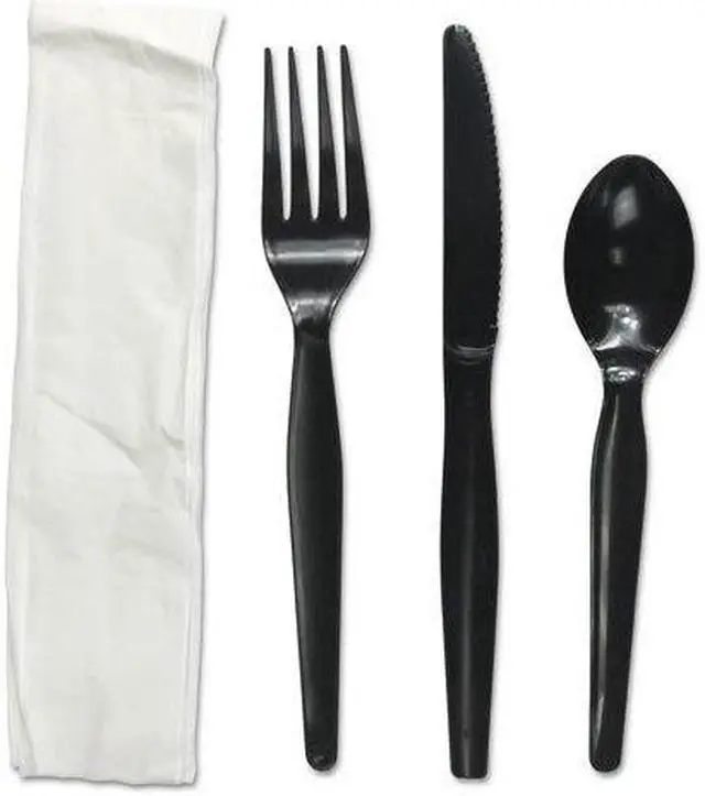 Alt view image 2 of 5 - Boardwalk FKTNMWPSBLA Four-Piece Cutlery Kit, Fork / Knife / Napkin / Teaspoon, Black, 250 / Carton