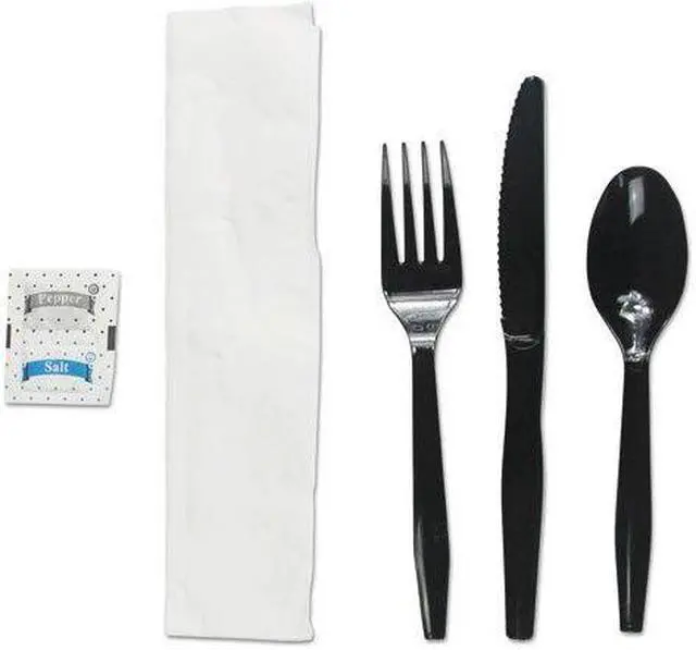 Alt view image 2 of 5 - Boardwalk FKTNSMWPSBLA Six-Piece Cutlery Kit, Condiment / Fork / Knife / Napkin / Teaspoon, Black, 250 / Carton