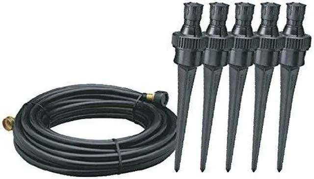 Alt view image 2 of 5 - Nelson 50180 Simple Soaker Flower Watering Sprinkler with 50-Foot Tubing, Five Nozzles with Plastic Spikes, Risers, End