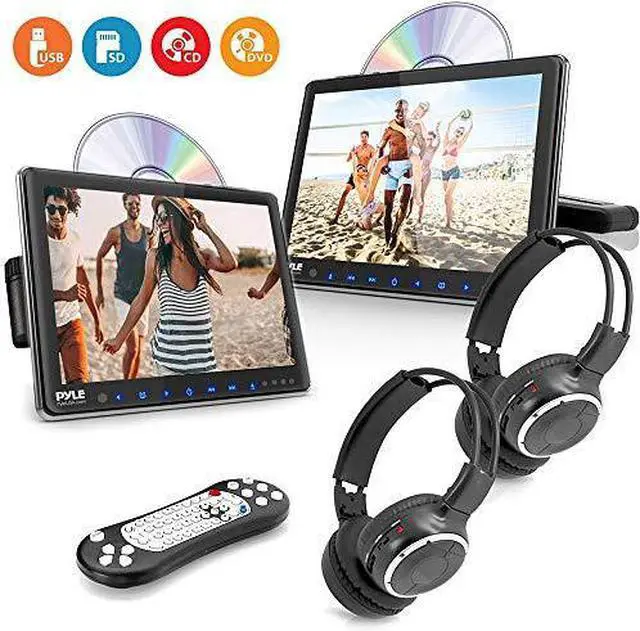 Alt view image 2 of 4 - Pyle PLHRDVD108KT Vehicle Headrest Mount CD/DVD Players - Car Video Entertainment System with Dual Display Monitors, Wireless Headphones (10.5’’ -inch)