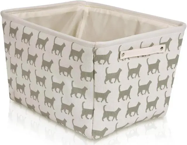 Main image of Storage Basket Rectangular with Handles 7.5''x16''x12.25'', White/Gray Cat Print