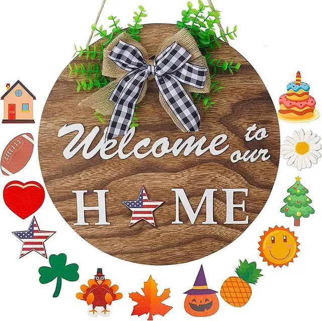 Main image of Festival Hanging Board Welcome Door Sign Fall Thanksgiving Round Wreath Wood