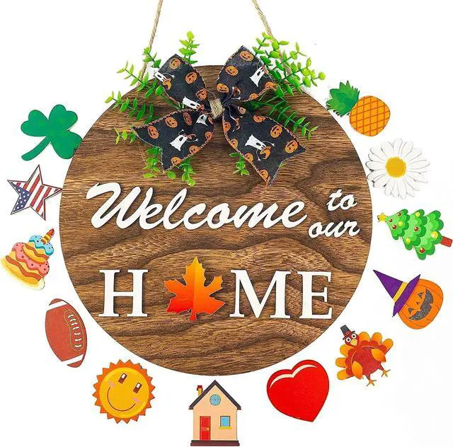 Alt view image 3 of 7 - Festival Hanging Board Welcome Door Sign Fall Thanksgiving Round Wreath Wood