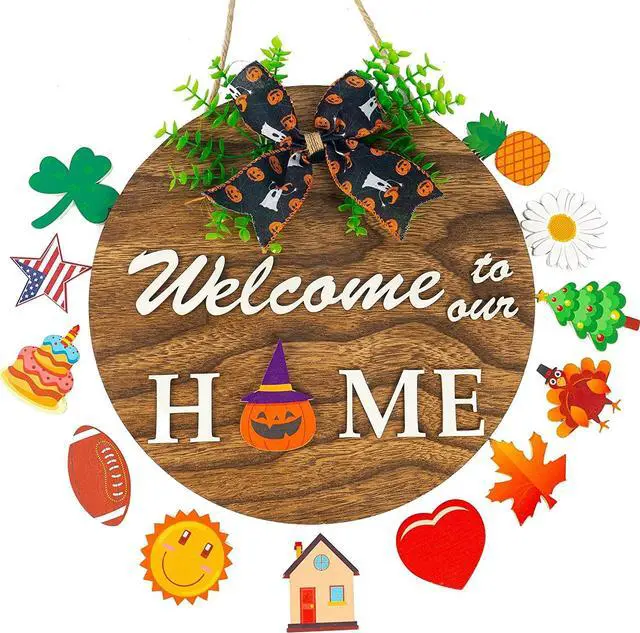Alt view image 4 of 7 - Festival Hanging Board Welcome Door Sign Fall Thanksgiving Round Wreath Wood