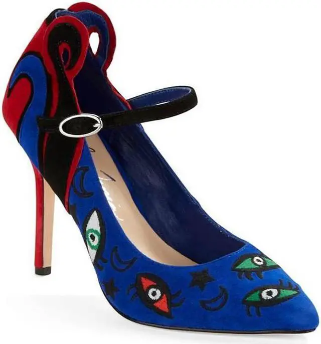Alt view image 11 of 12 - Isa Tapia Barcelona Embroidered Suede Mary Jane Closed Pointed-Toe Heels Pump - Size 37.5