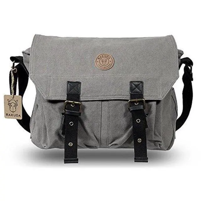 Alt view image 5 of 7 - Rakuda Large Correspondent Cavas Shoulder Messenger Bag, Washed Leather 13x11x5 - Grey