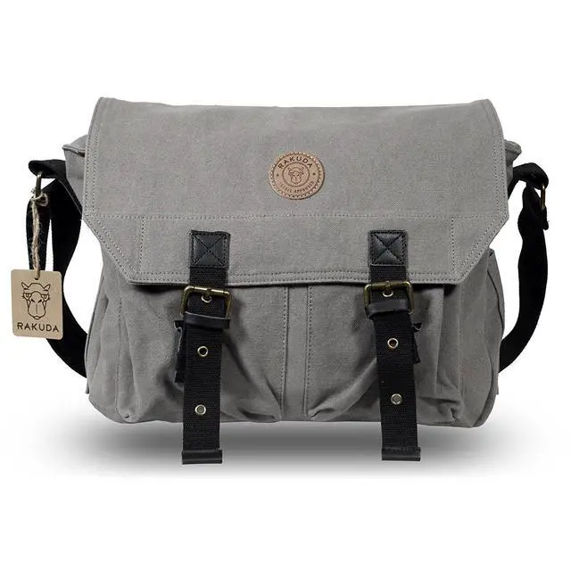 Alt view image 6 of 7 - Rakuda Large Correspondent Cavas Shoulder Messenger Bag, Washed Leather 13x11x5 - Grey