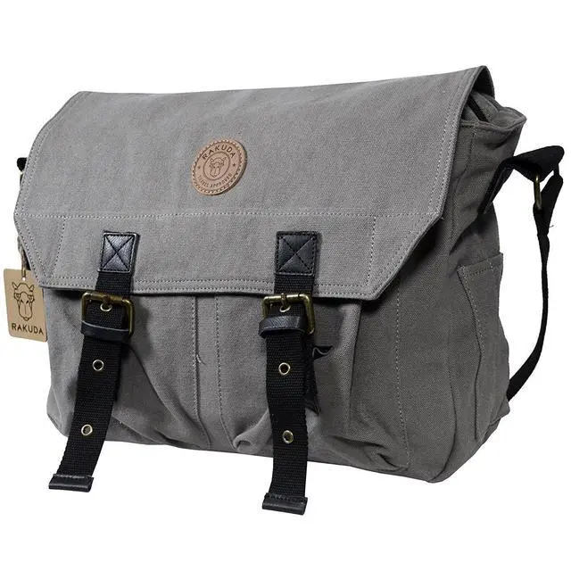 Alt view image 7 of 7 - Rakuda Large Correspondent Cavas Shoulder Messenger Bag, Washed Leather 13x11x5 - Grey