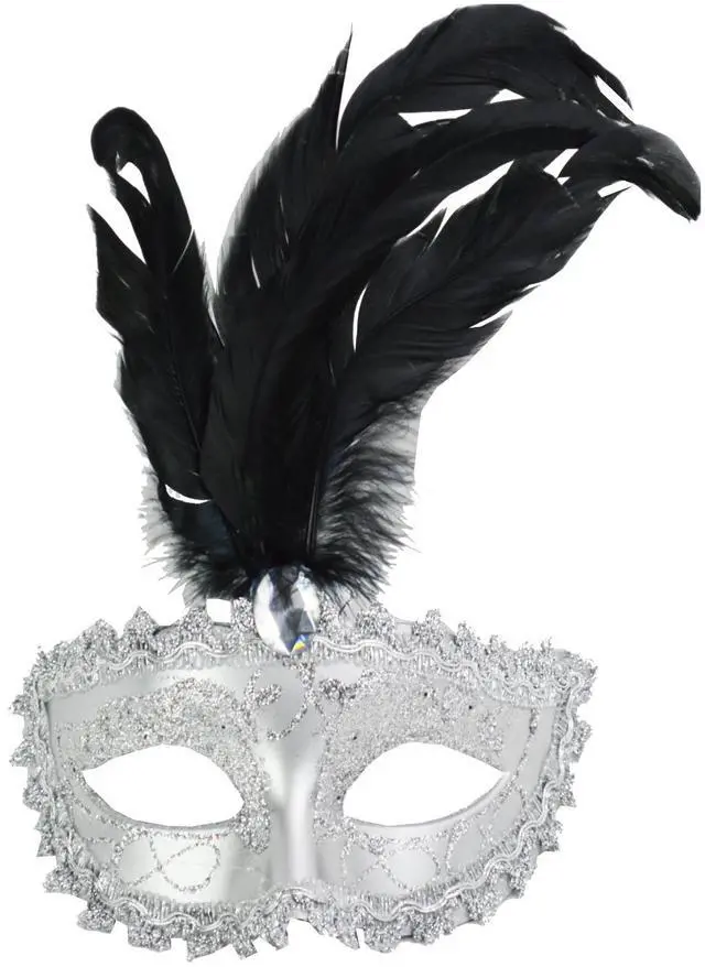 Main image of Carnival Mardis Gras Colorful Costume Mask With Jewel and Colorful Feathers, Black