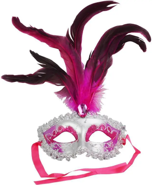 Main image of Carnival Mardis Gras Colorful Costume Mask With Jewel and Colorful Feathers, Fuschia