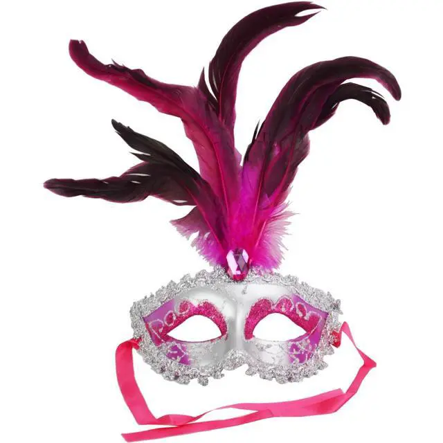 Alt view image 3 of 4 - Carnival Mardis Gras Colorful Costume Mask With Jewel and Colorful Feathers, Fuschia
