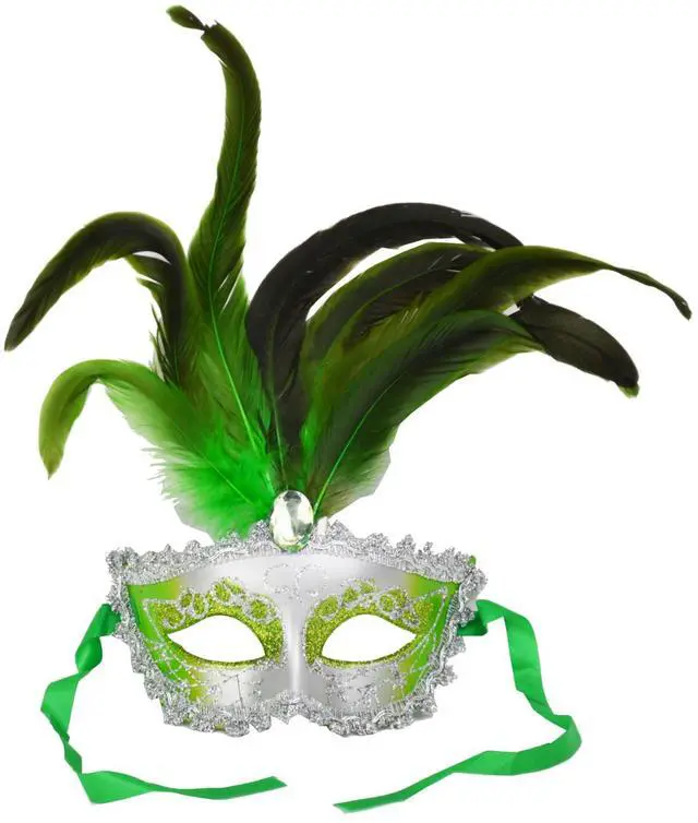 Main image of Carnival Mardis Gras Colorful Costume Mask With Jewel and Colorful Feathers, Green