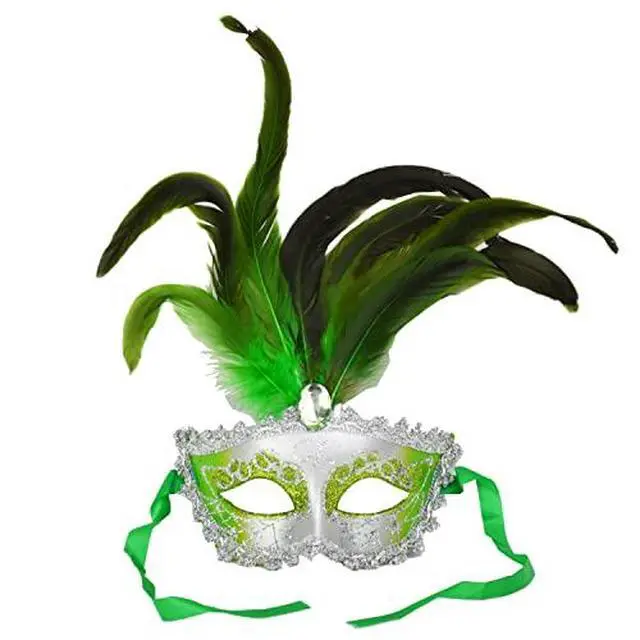 Alt view image 2 of 4 - Carnival Mardis Gras Colorful Costume Mask With Jewel and Colorful Feathers, Green