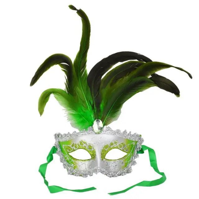 Alt view image 3 of 4 - Carnival Mardis Gras Colorful Costume Mask With Jewel and Colorful Feathers, Green