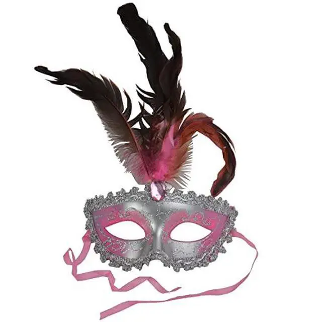 Alt view image 2 of 4 - Carnival Mardis Gras Colorful Costume Mask With Jewel and Colorful Feathers, Pink