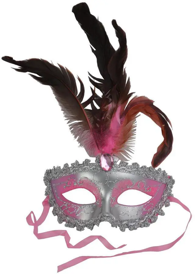 Main image of Carnival Mardis Gras Colorful Costume Mask With Jewel and Colorful Feathers, Pink