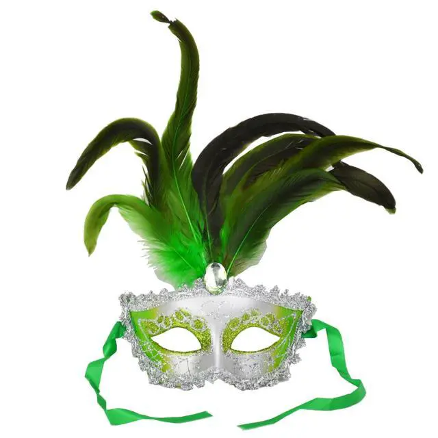 Alt view image 4 of 4 - Carnival Mardis Gras Colorful Costume Mask With Jewel and Colorful Feathers, Green