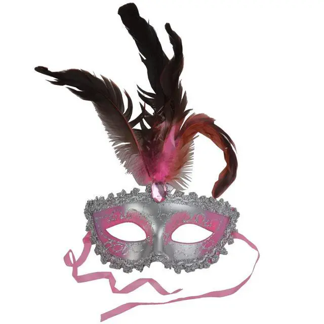 Alt view image 3 of 4 - Carnival Mardis Gras Colorful Costume Mask With Jewel and Colorful Feathers, Pink