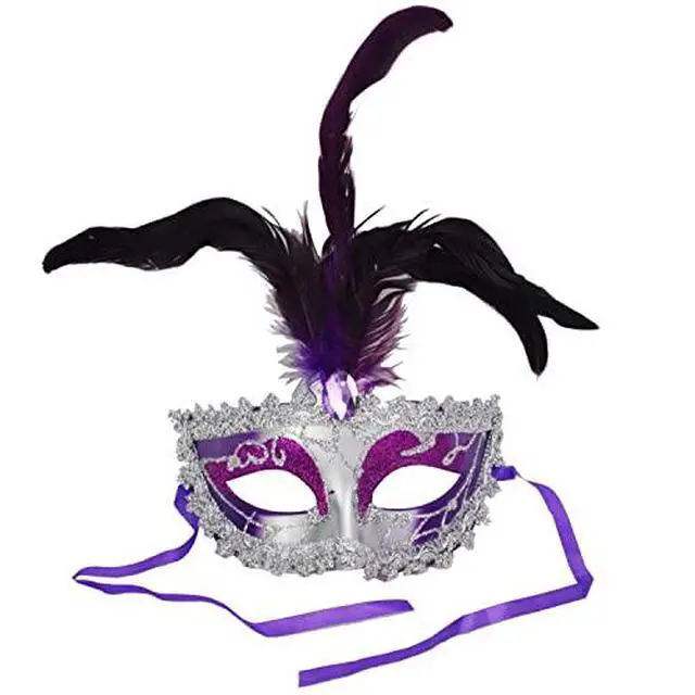 Alt view image 2 of 4 - Carnival Mardis Gras Colorful Costume Mask With Jewel and Colorful Feathers, Purple