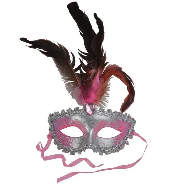 Alt view image 4 of 4 - Carnival Mardis Gras Colorful Costume Mask With Jewel and Colorful Feathers, Pink
